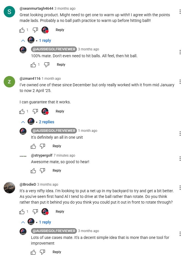 Comments on the Aussie Golf Reviewer YouTube page about Stryper SwingMate