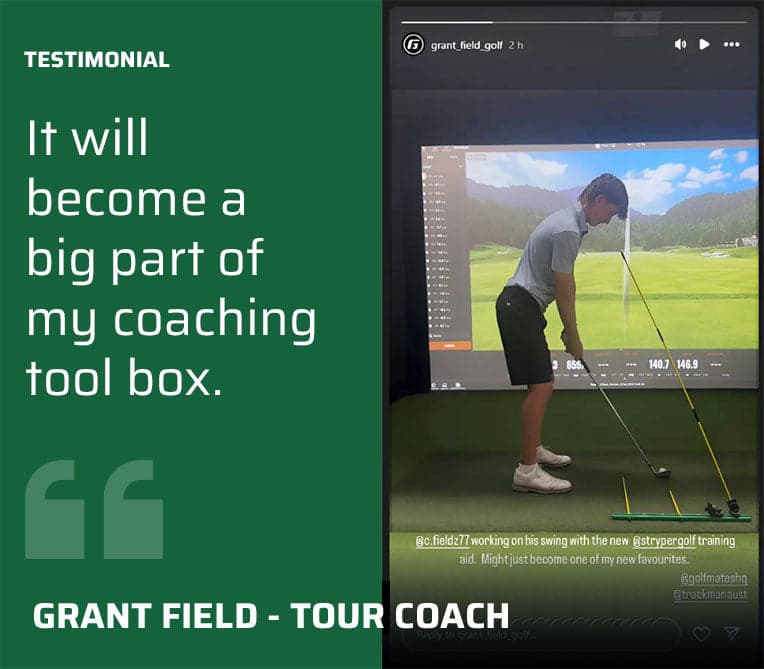 Grant Field testimonial graphic showing him practising with SwingMate indoors